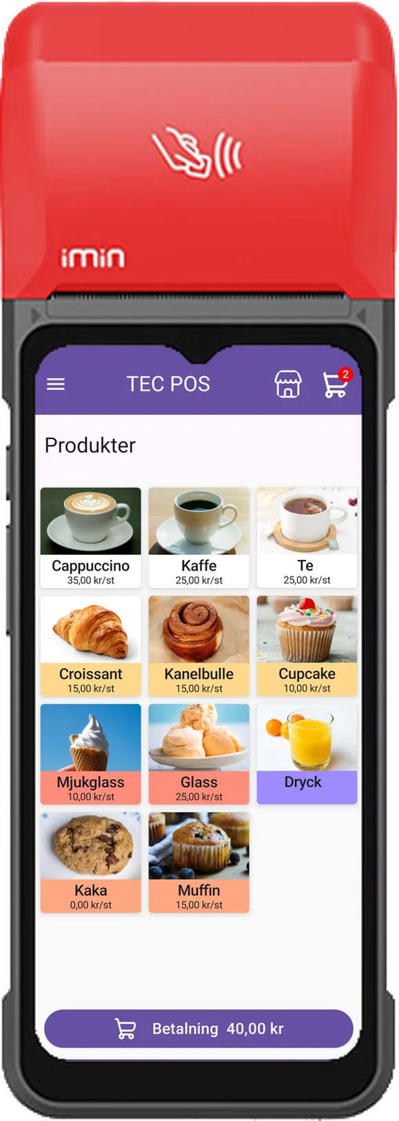 TEC POS appens startvy med produkter