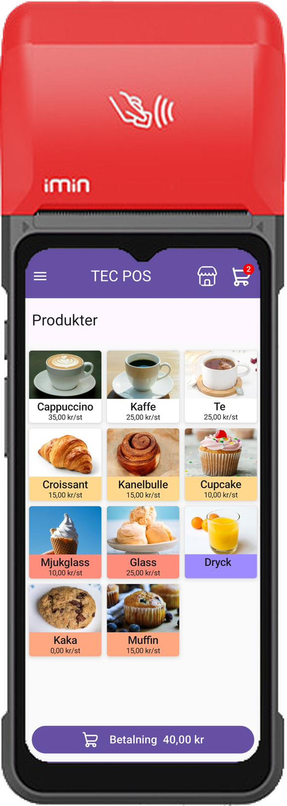 TEC POS appens startvy med produkter
